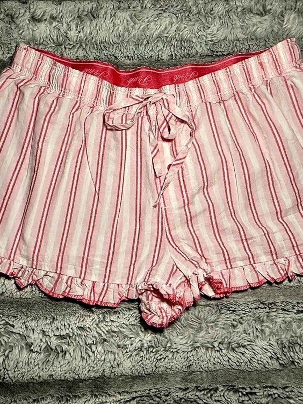 PINK Striped Ruffle Sleep Shorts in & White